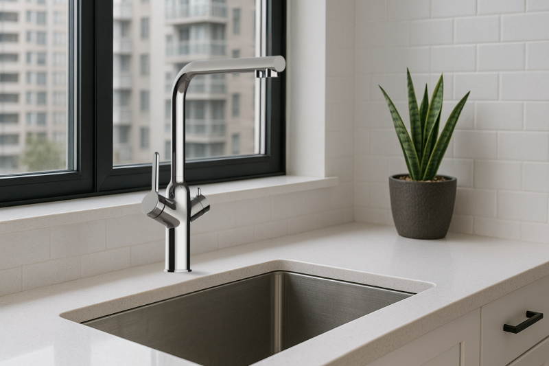 Eau filtrée directement depuis le robinet dans une cuisine moderne